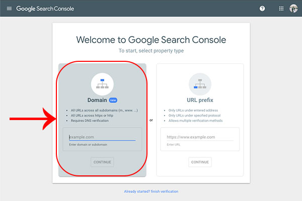 Google Search Console add domain property