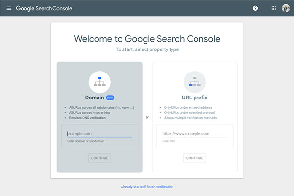 Google Search Console welcome screen