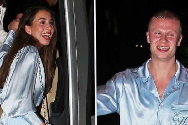 Haaland và bạn gái mặc đồ ngủ đôi lụa tới tiệc Man City vô địch Ngoại hạng Anh